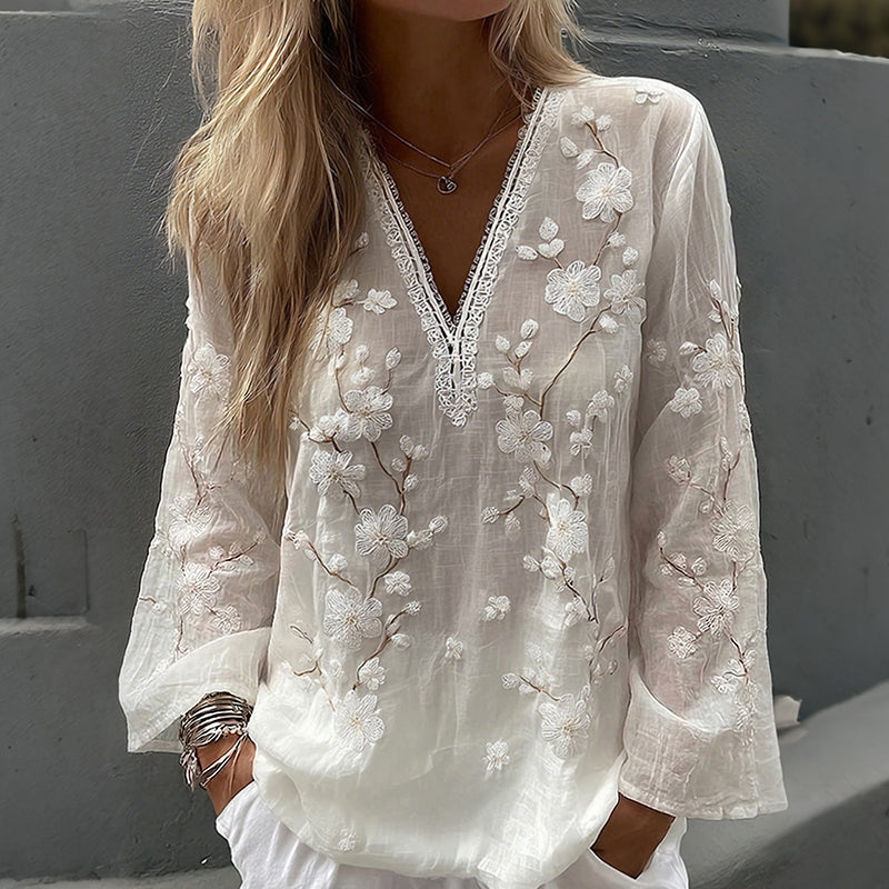 Women's Vintage Japanese Plum Blossom Floral Art Comfy V Neck Linen T-shirt