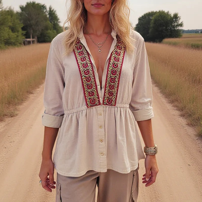 Women's Casual Ethnic Retro Embroidered Off-shoulder Long-sleeved Shirt
