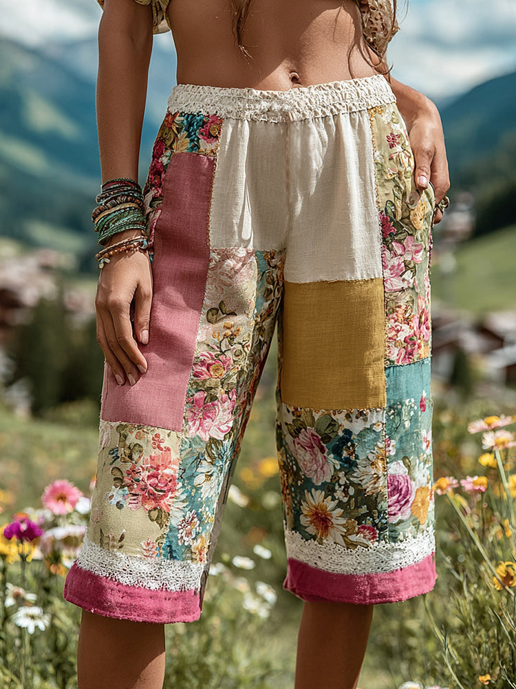 Women's Patchwork Floral Contrast Waist Elastic Pocket Shorts
