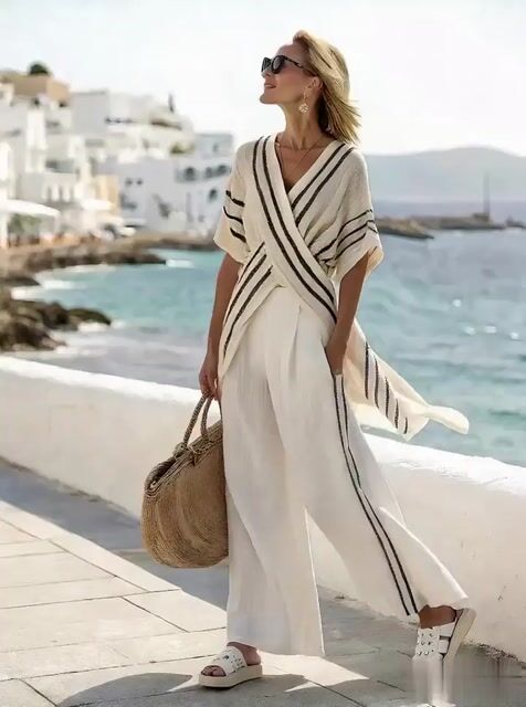 Women'S Loose Striped Wide Leg Pants Suit