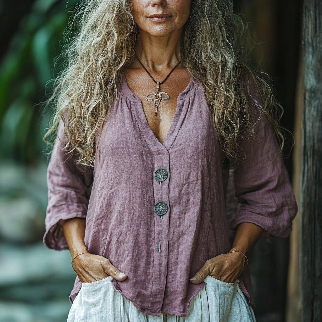 Women's Plain V-neck Linen Long-sleeved Shirt