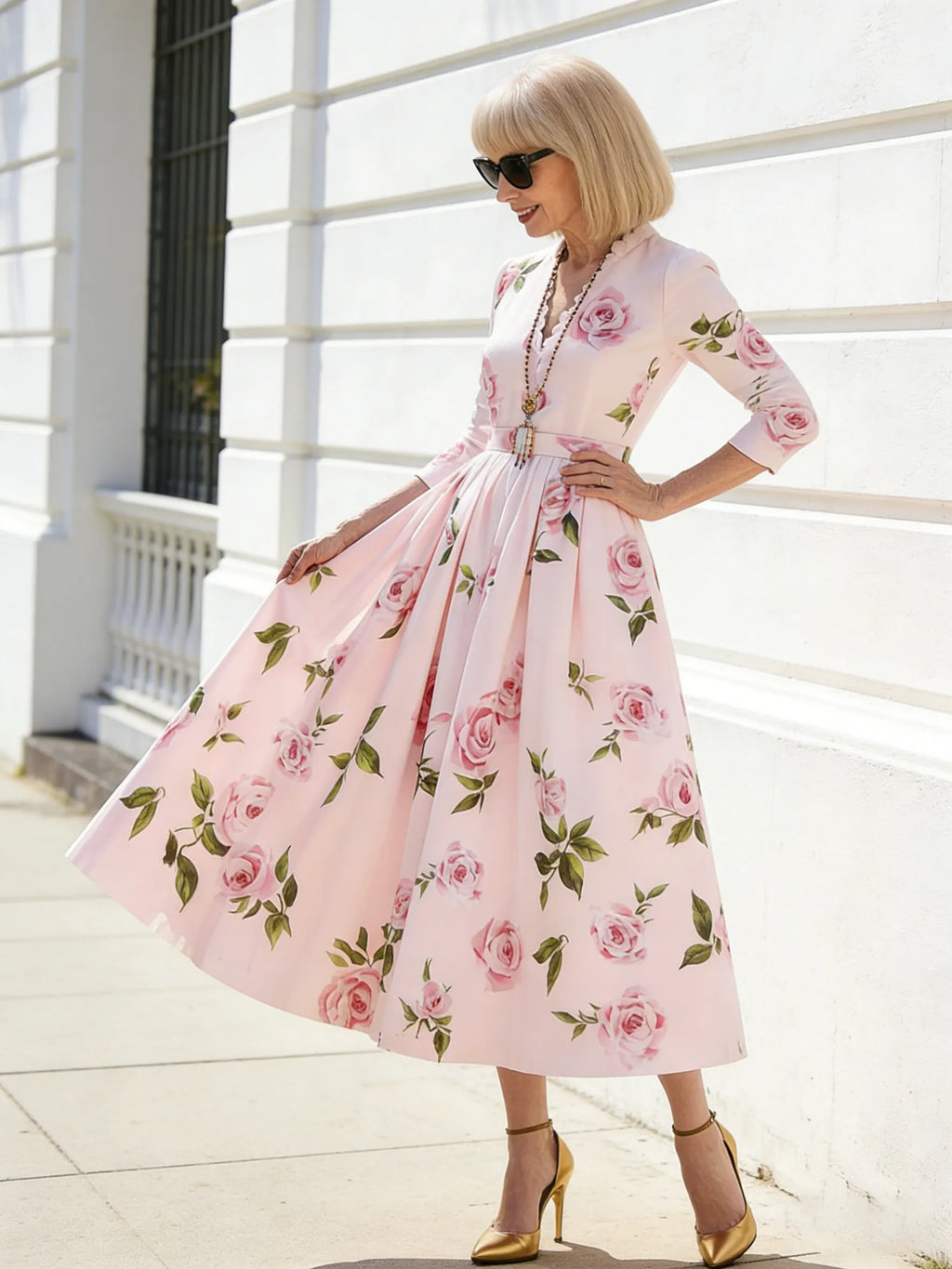 Printed V-neck Waist Long Sleeve A Pendulum Women's Dress Long Dress Literary Retro Fashion Elegant