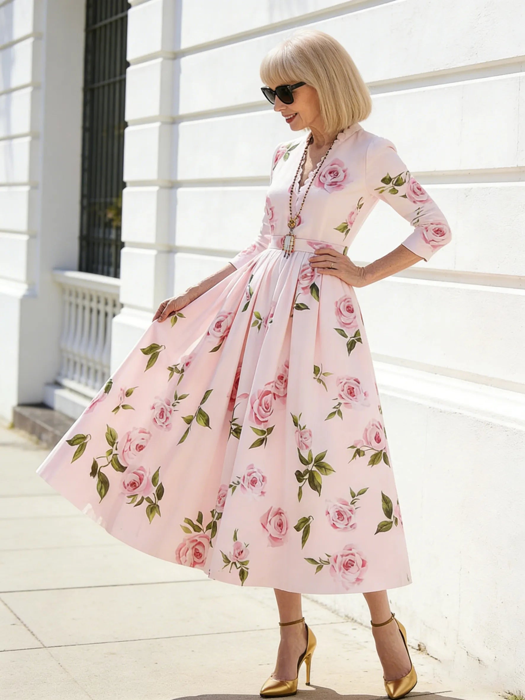 Printed V-neck Waist Long Sleeve A Pendulum Women's Dress Long Dress Literary Retro Fashion Elegant