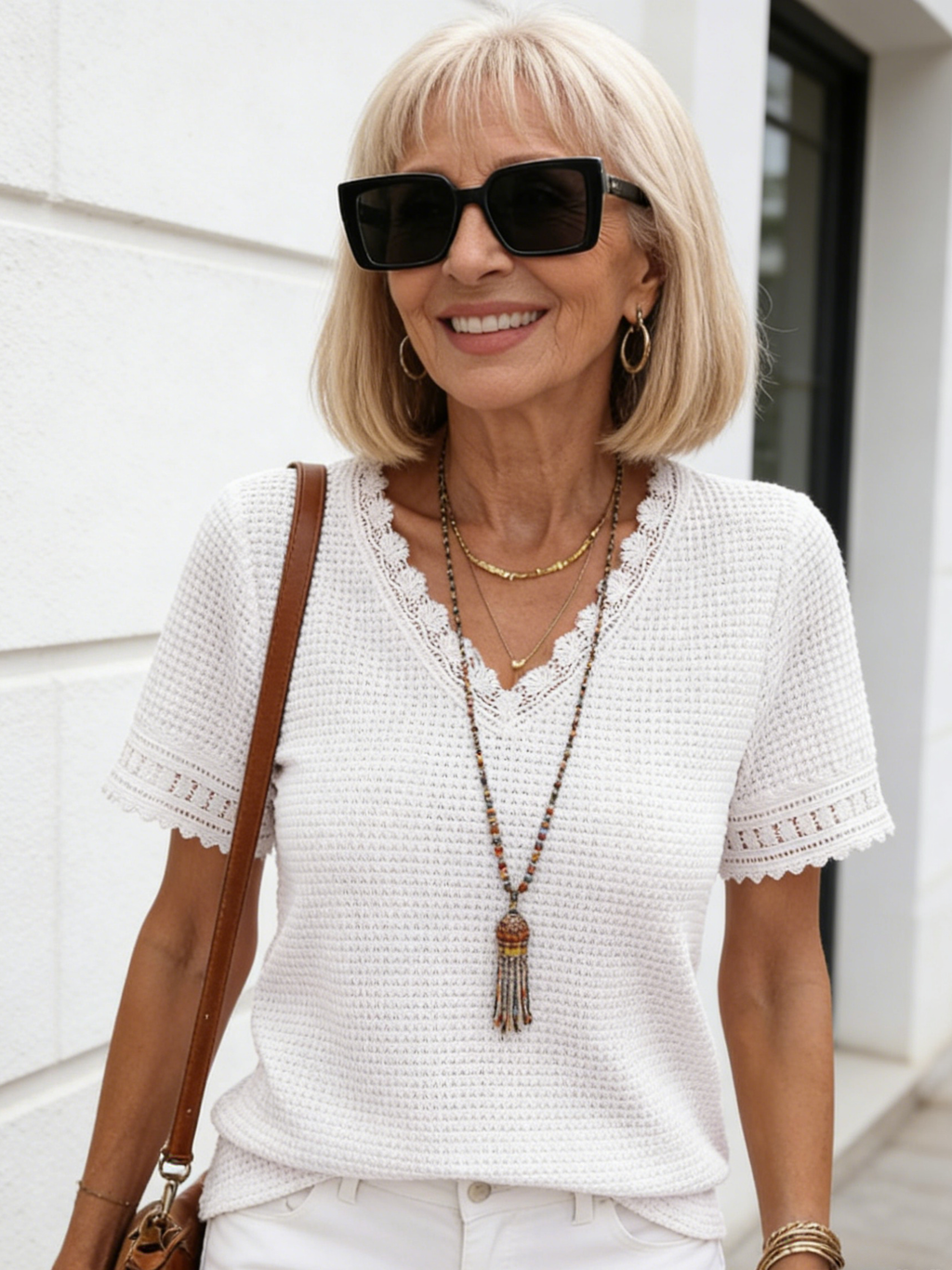 Textured Fabric V-Neck Casual Waffle Grace Lace Stitching Short Sleeve Top T