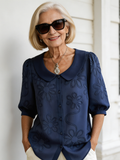 Loose Casual Vintage Button Embroidered Floral Medium Sleeve Shirt
