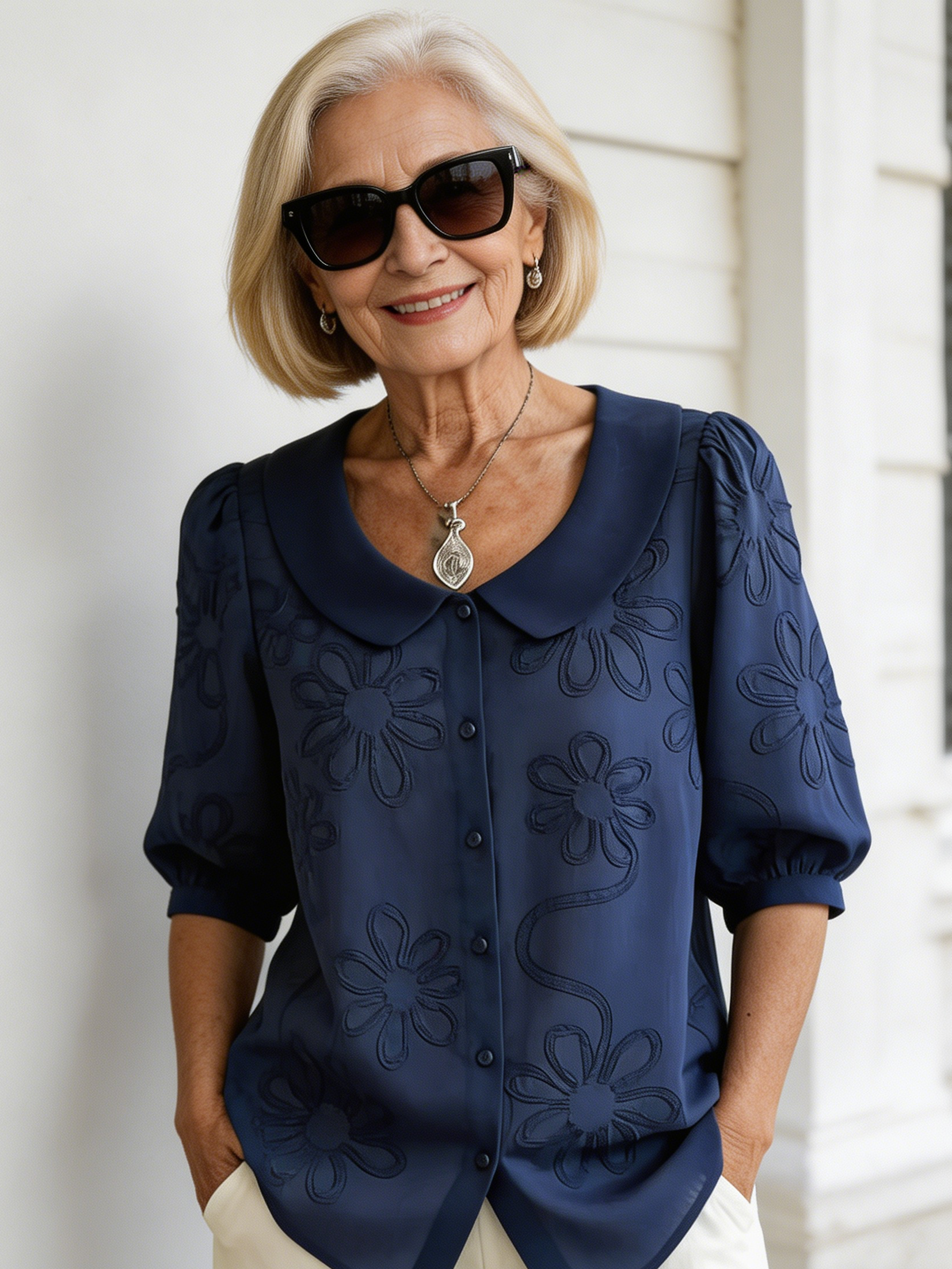 Loose Casual Vintage Button Embroidered Floral Medium Sleeve Shirt