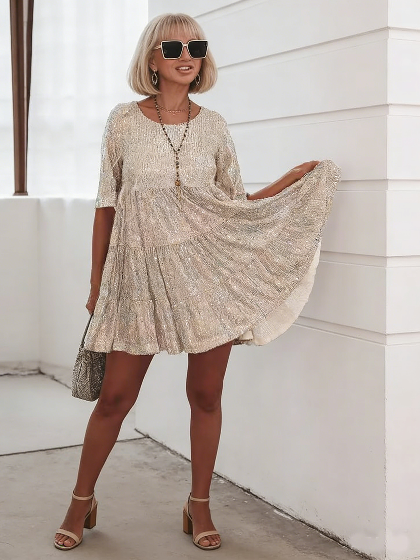 Solid Color Fashion Sequin Crew Neck Loose Waist Short Sleeve Dress Banquet Dress