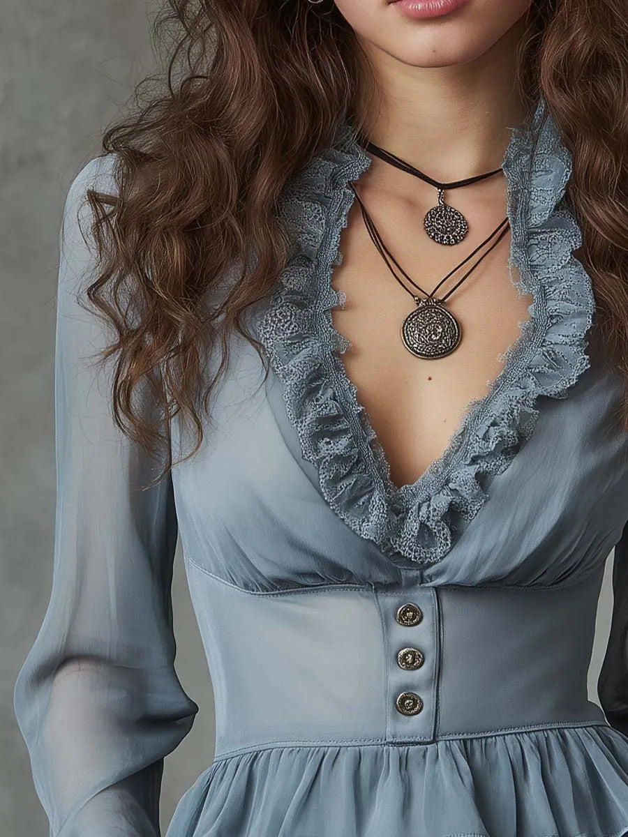 Ruffled V-Neck Chiffon Peplum Blouse