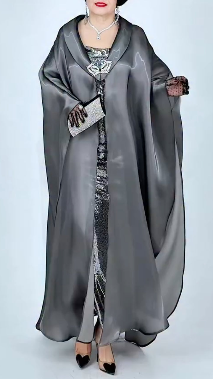 Grey Satin Abaya Long Gown