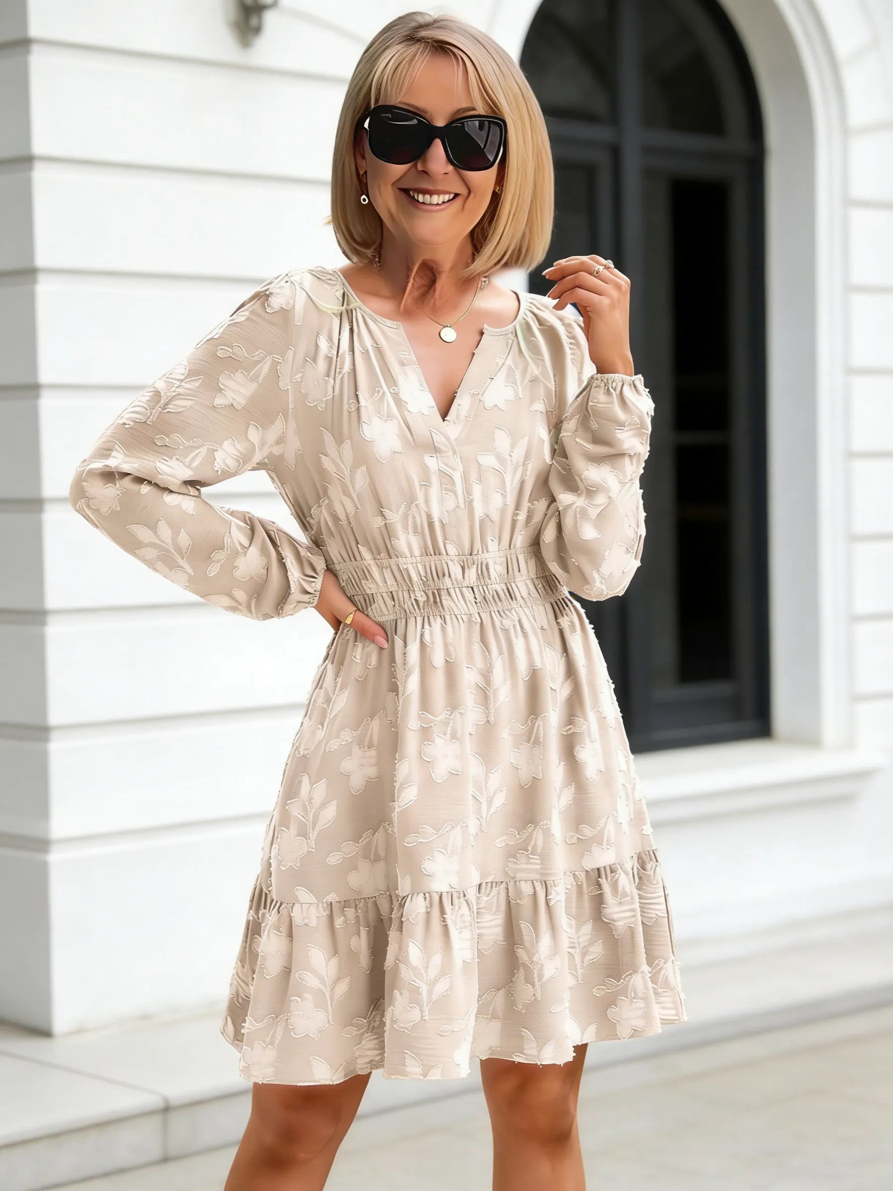 Jacquard V-neck Pullover Elastic Waist Pendulum Women's Long-sleeved Ruffle Edge Dress