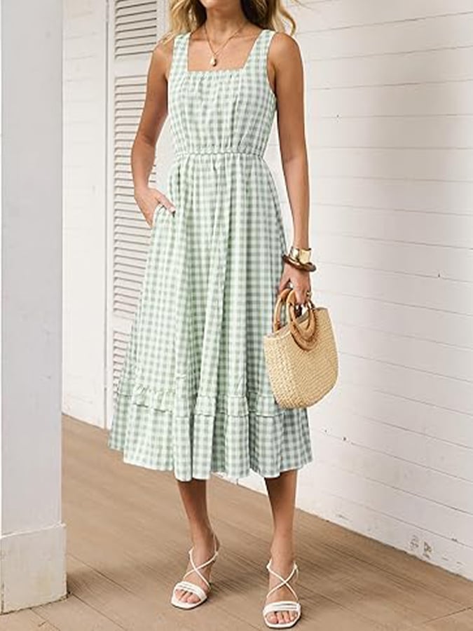 Women's Casual Square Neck Plaid Vacation Camisole Dress