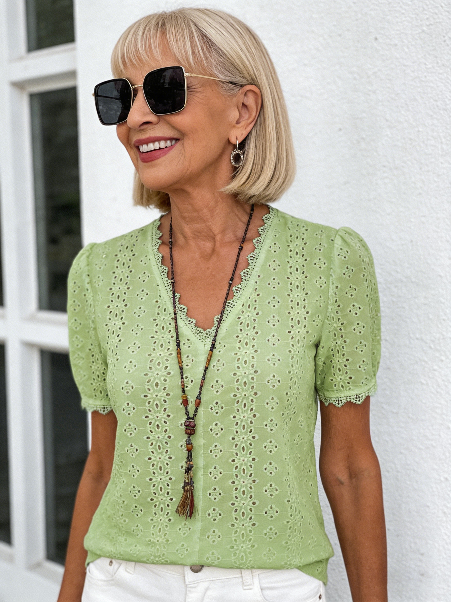 Textured Fabric Solid Color Short Sleeve Hollow Shirt