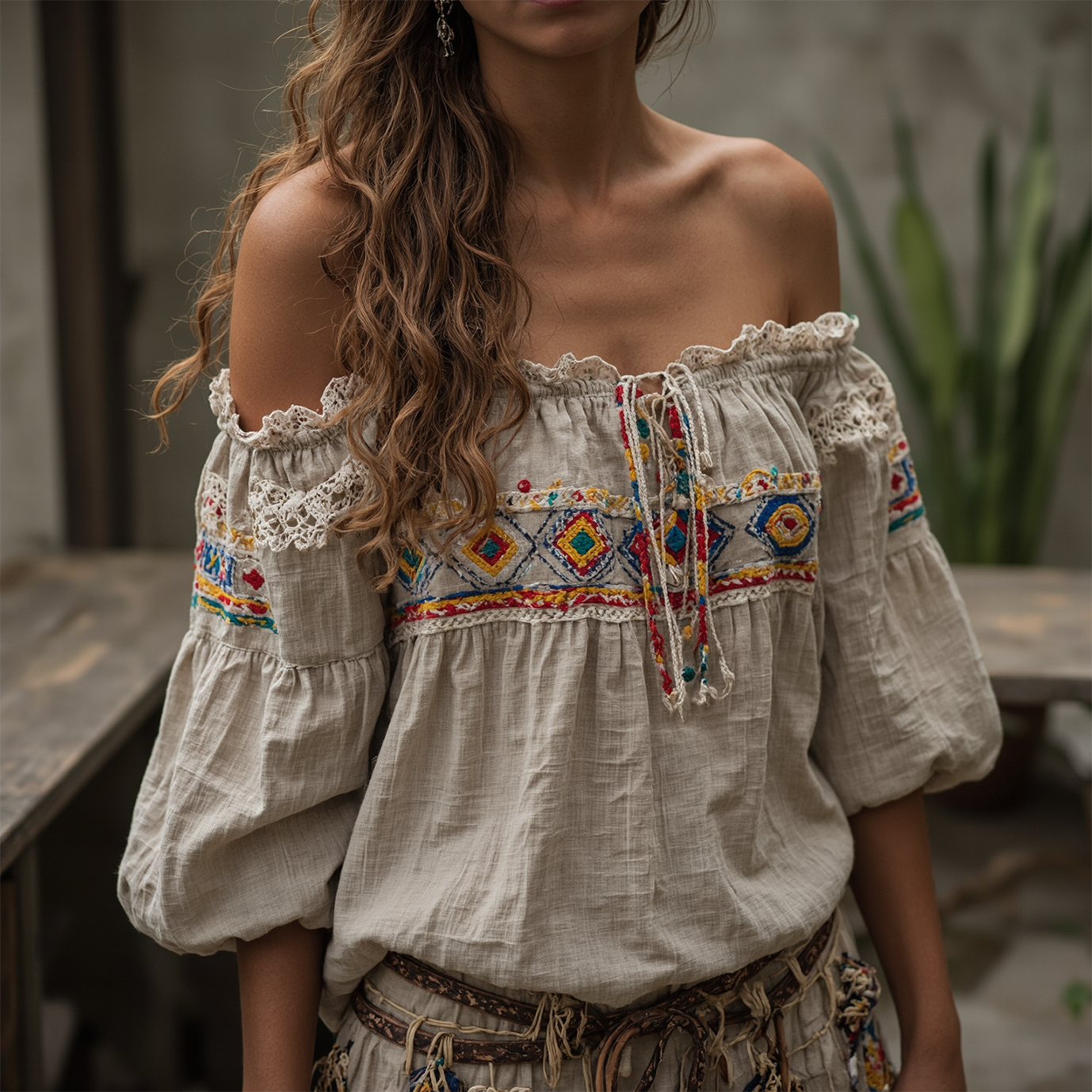 Women's Bohemian Embroidered Off-Shoulder Top