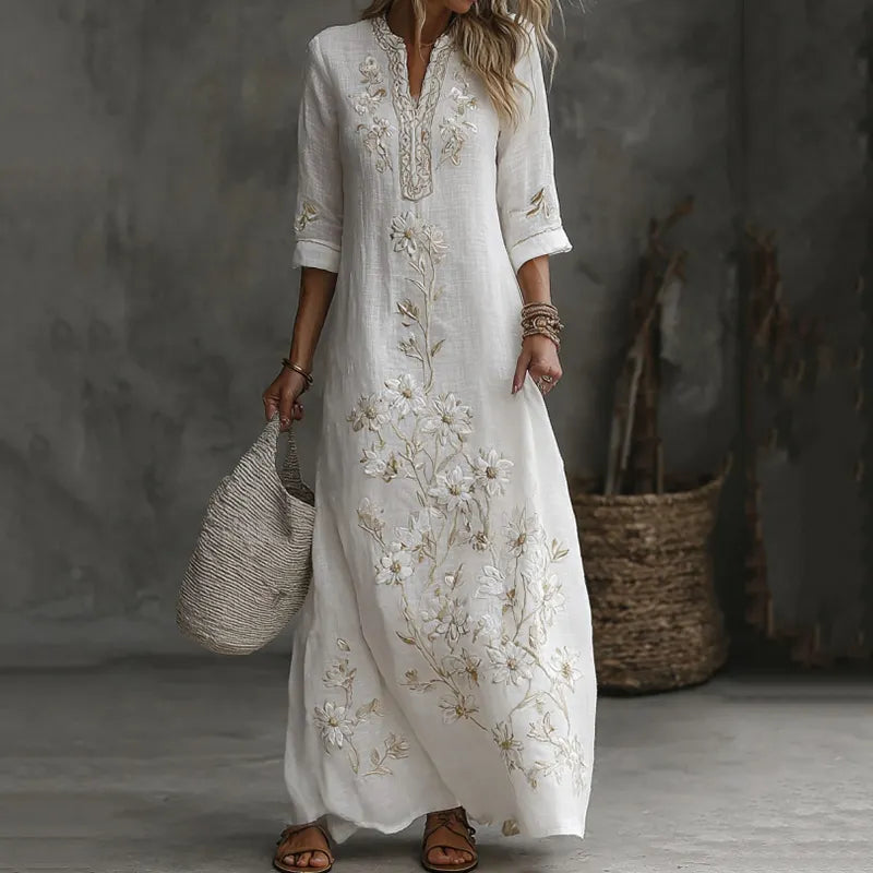 Japanese Floral Art Embroidered Casual Linen V Neck Maxi Dress