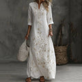 Japanese Floral Art Embroidered Casual Linen V Neck Maxi Dress