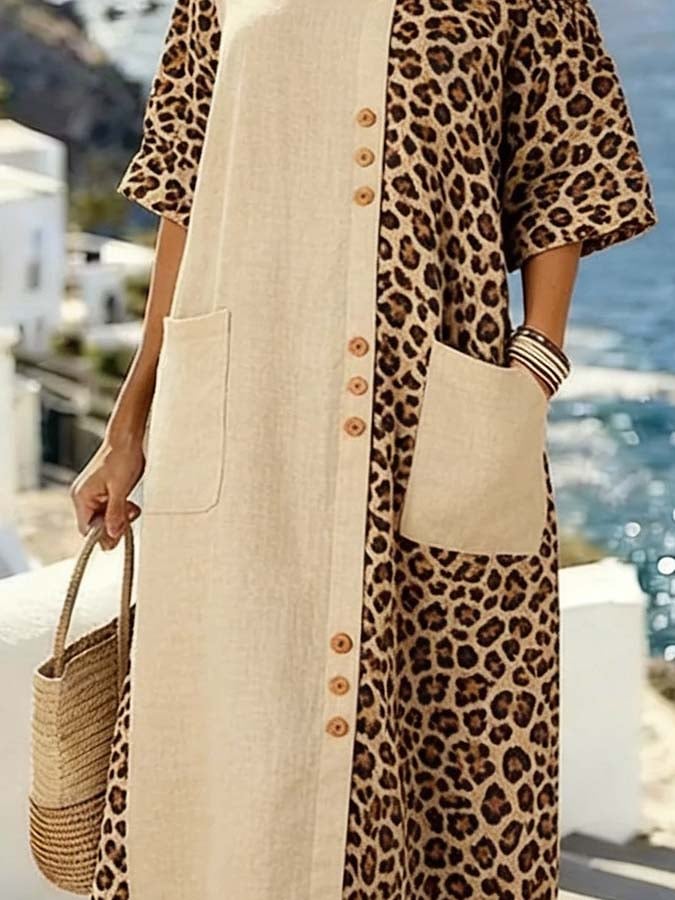 Women'S Casual Color-Block Leopard Print Dress