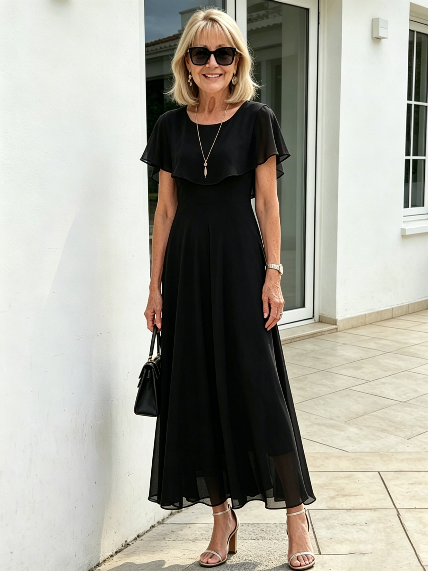Black Ruffle Cape Sleeve Chiffon Maxi Dress, Round Neck Waist Defined Flowy Big Swing Hem Elegant Formal Dress