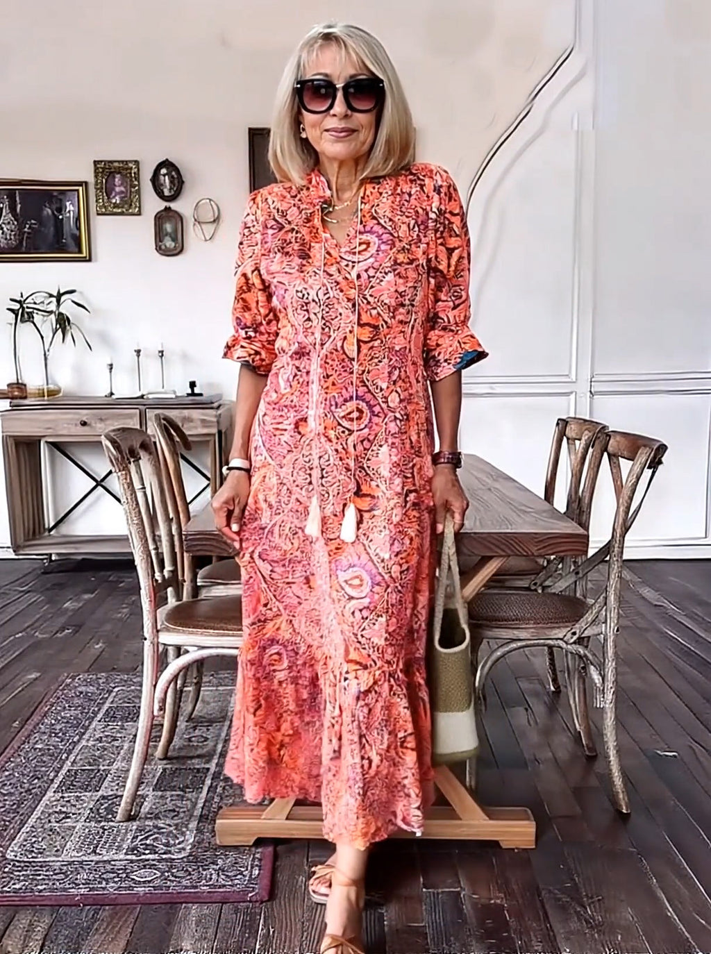 Vacation DRESS Paisley Bohemian Long Length Vintage Print Tassel Tie Neck Tunic Dress - Elegant Vacation Style with Drawstring, Ruffle Hem, and Random Printing