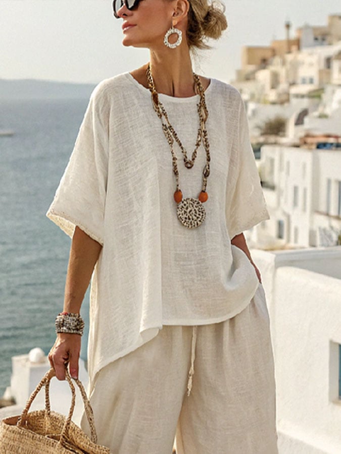Women's Vacation Round Neck Short Sleeve Solid Color Loose Top Pants Cotton and Linen Suit