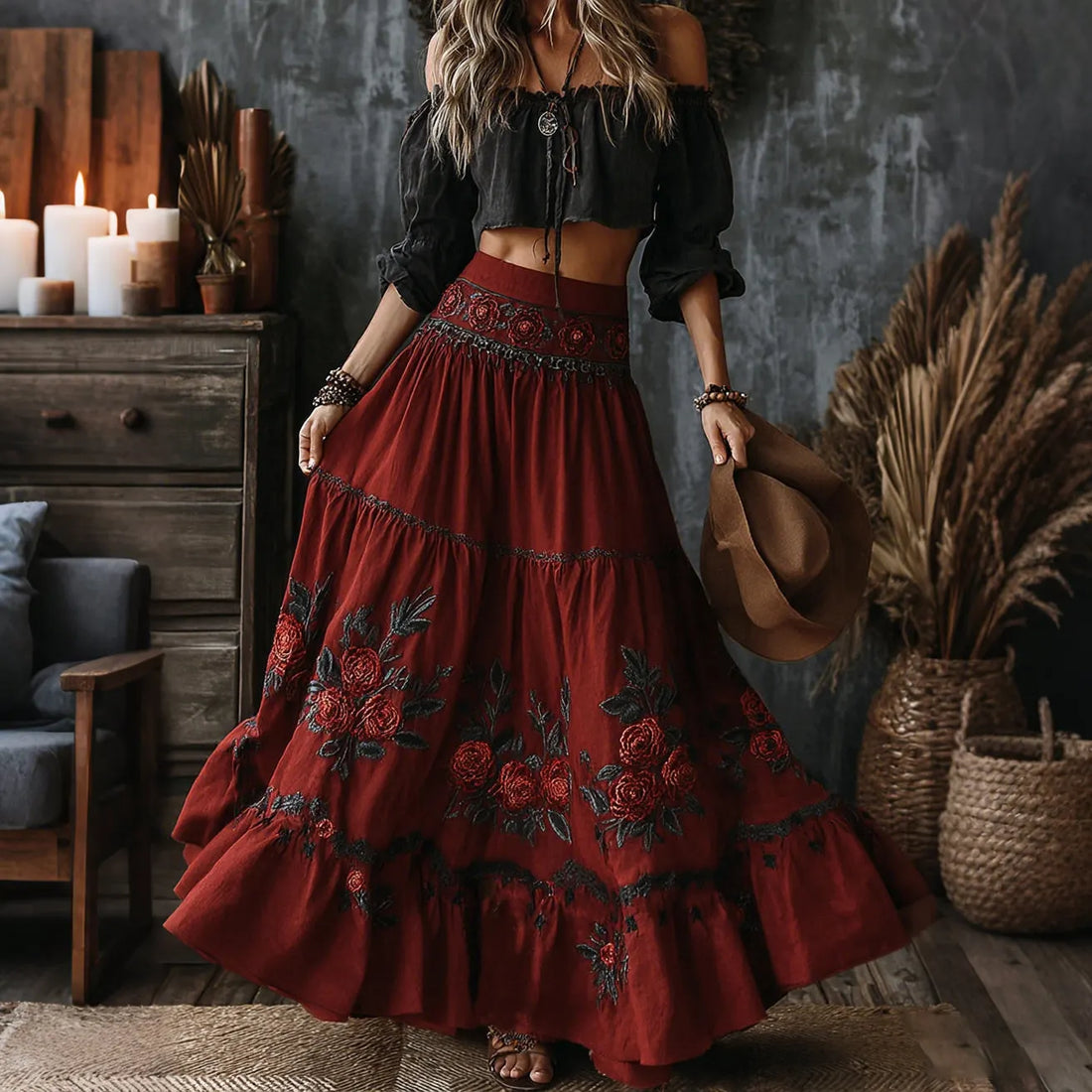 Vintage Classy Gradient  Floral Embroidered Art Linen Blend Casual Skirt