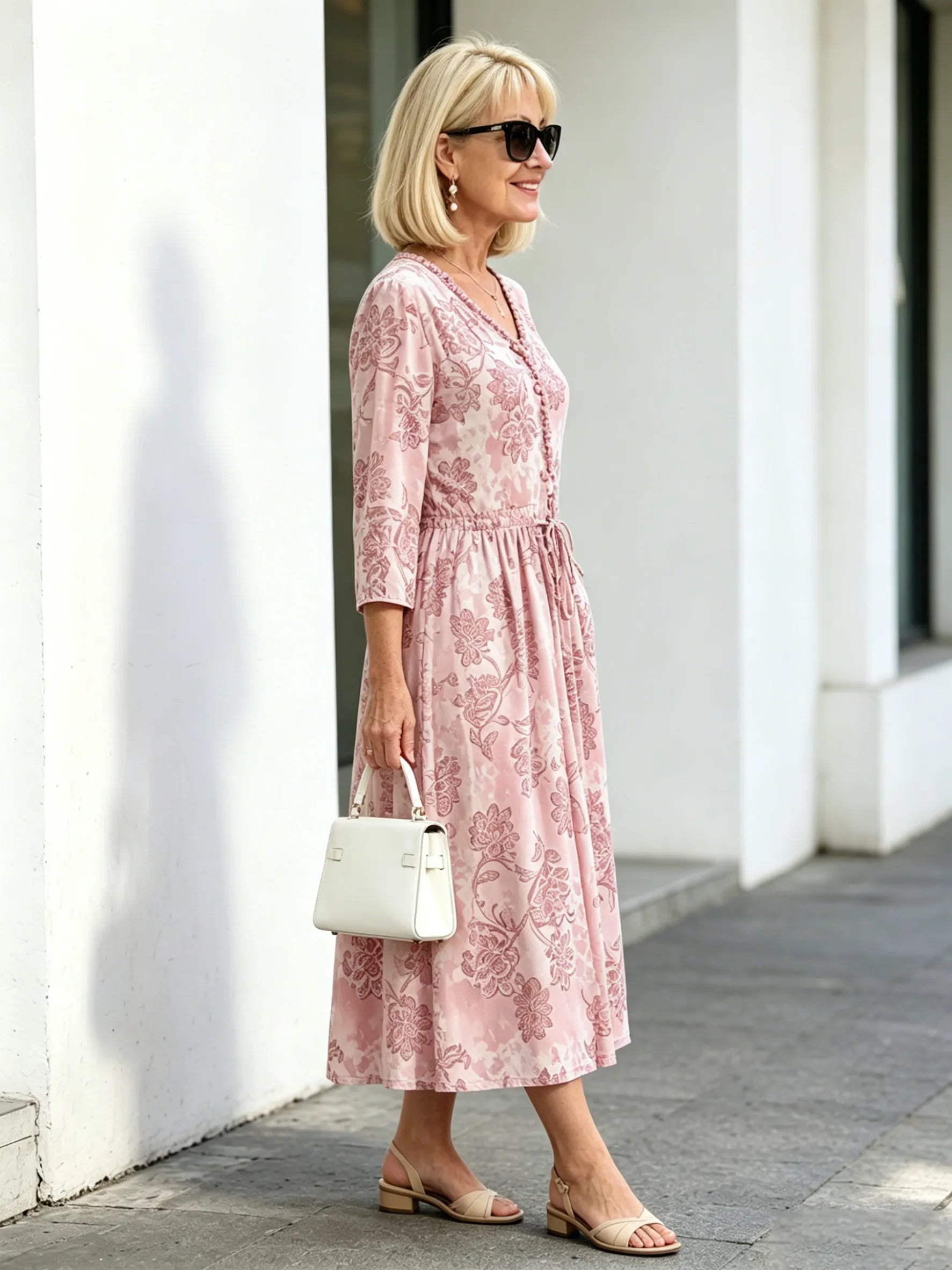 Navy Vintage Floral Maxi Dress, Ruffle Neck 3/4 Sleeve Elastic Waist Slimming Dress for Mature Women