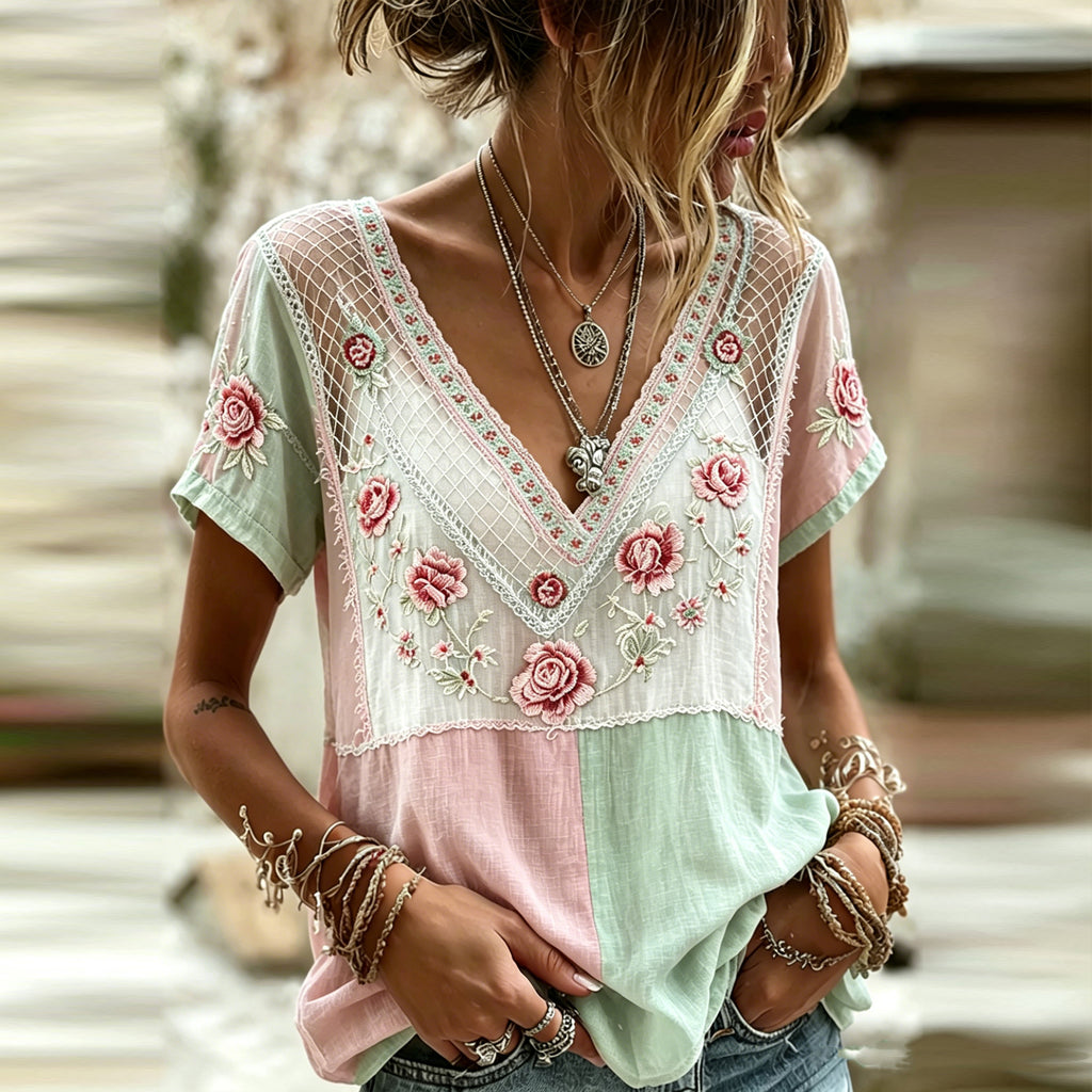 Women's Retro Pink Floral Pattern Casual Linen Blend T-shirt