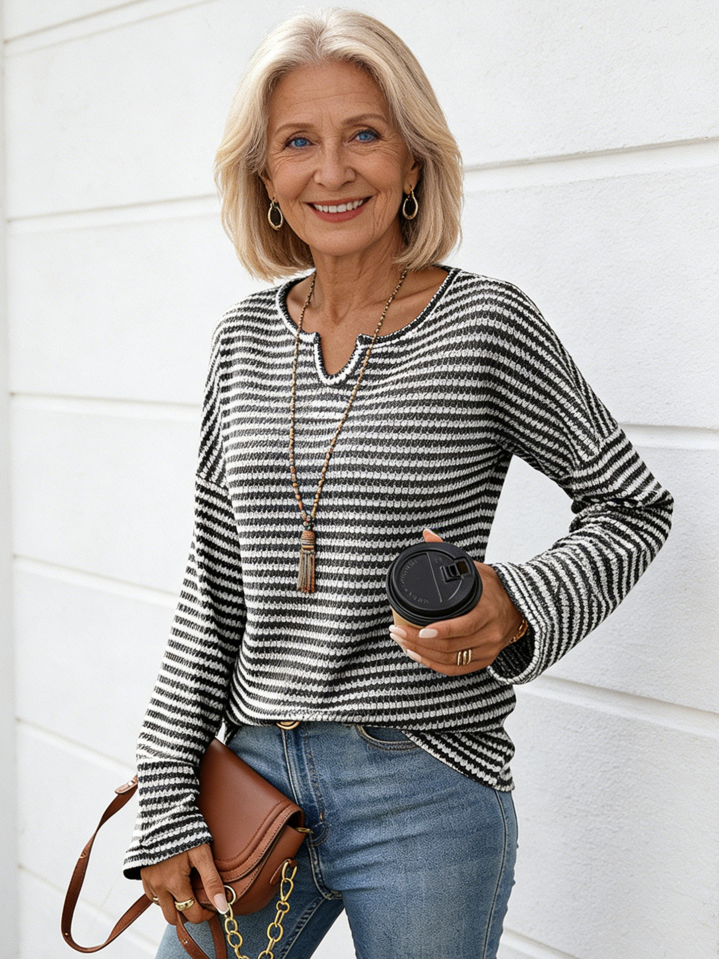 Striped Waffle Knitted Top T-Shirt Women