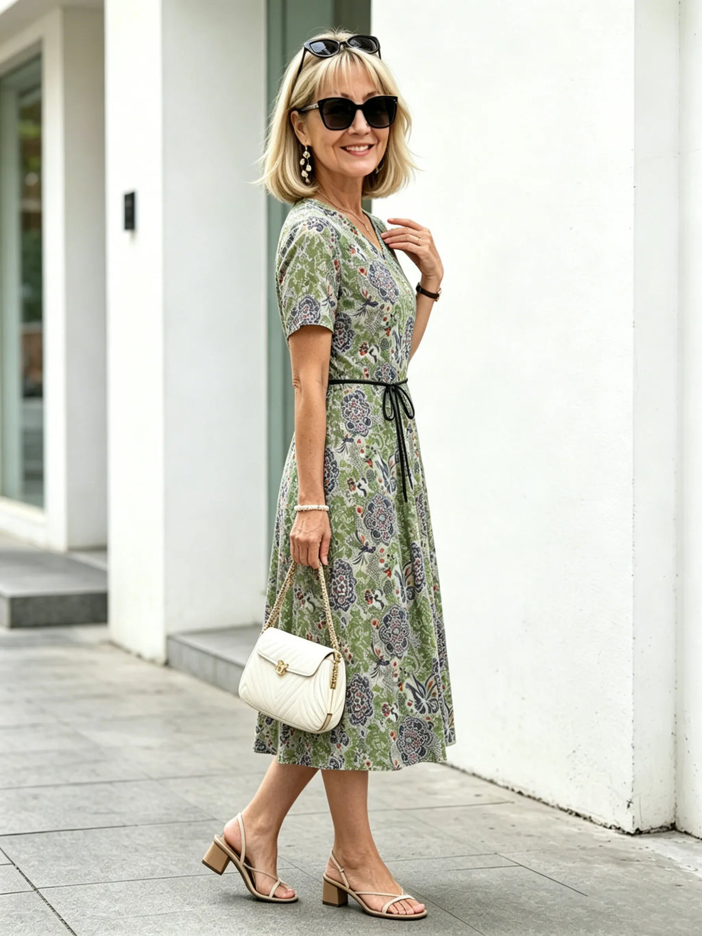 Orange Floral V-Neck Midi Dress, Short Sleeve Elastic Waist Slimming Temperament Long Dress for Mature Women