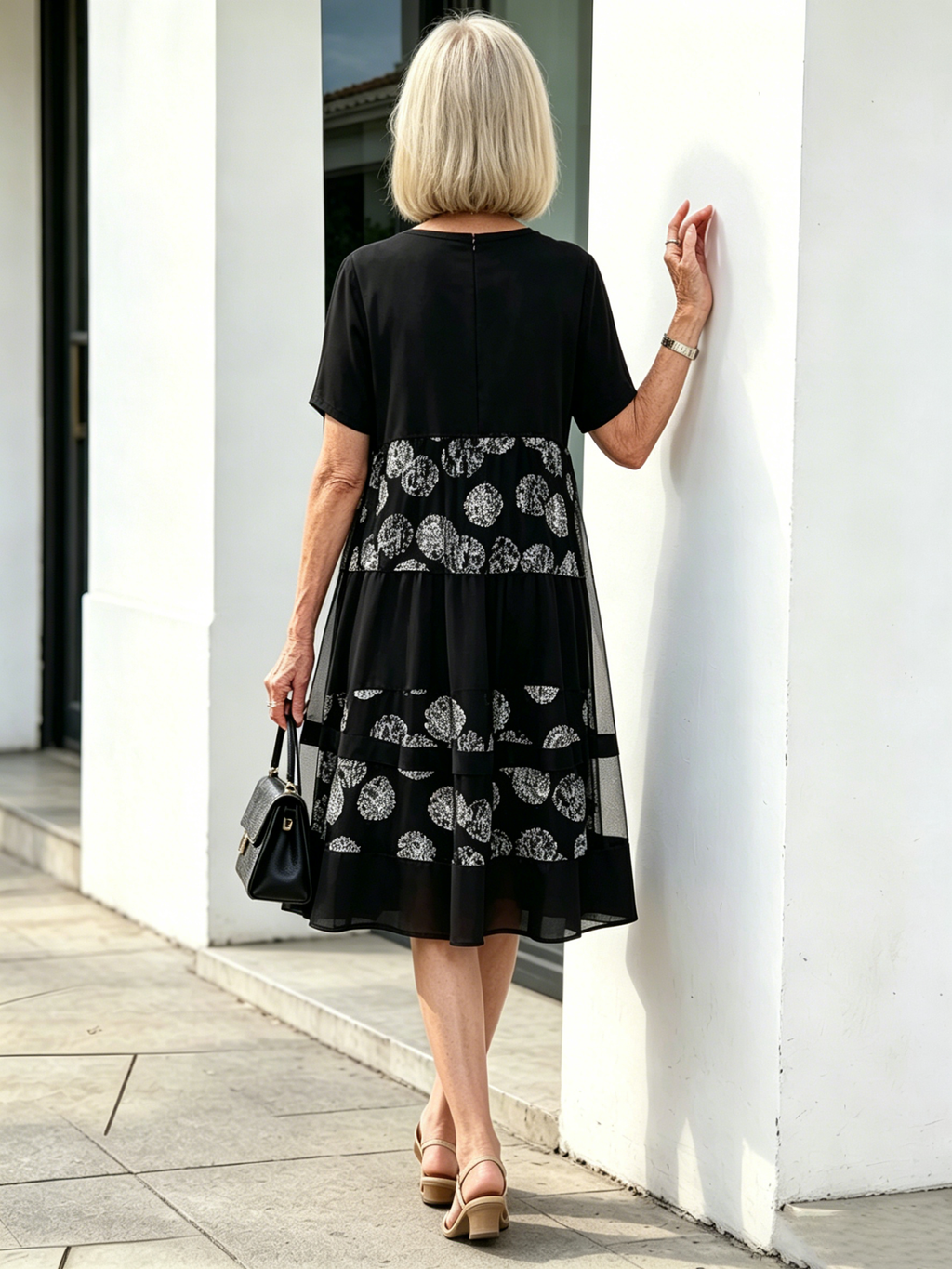 Black Polka Dot Fake Two-Piece Tiered Midi Dress, Round Neck Short Sleeve Loose Tummy Concealing Summer Dress for Mature Women