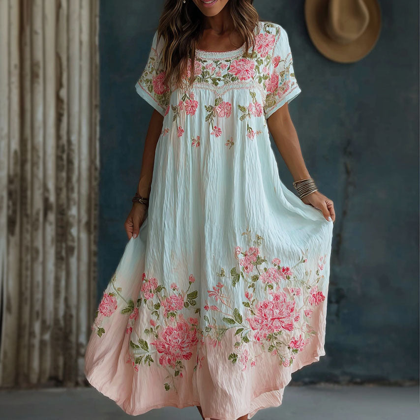 Women's Floral Art Embroidery Round Neck Short Sleeve Cotton Linen Long Dress