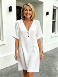 Short Sleeve V-Neck Cotton and Linen Loose Summer Dress