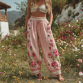 Women's Patchwork Rose Floral Contrast Waist Elastic Pocket Pants