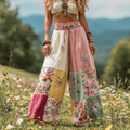 Women's Vintage Floral Patch Art Linen Casual Wide Leg Pants