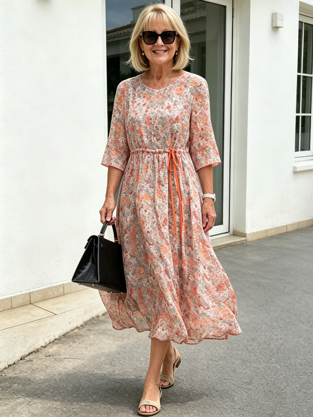 Peach Floral Chiffon Midi Dress, Round Neck 3/4 Sleeve Drawstring Waist Loose Flowy Knee-Length Dress