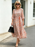 Peach Floral Chiffon Midi Dress, Round Neck 3/4 Sleeve Drawstring Waist Loose Flowy Knee-Length Dress