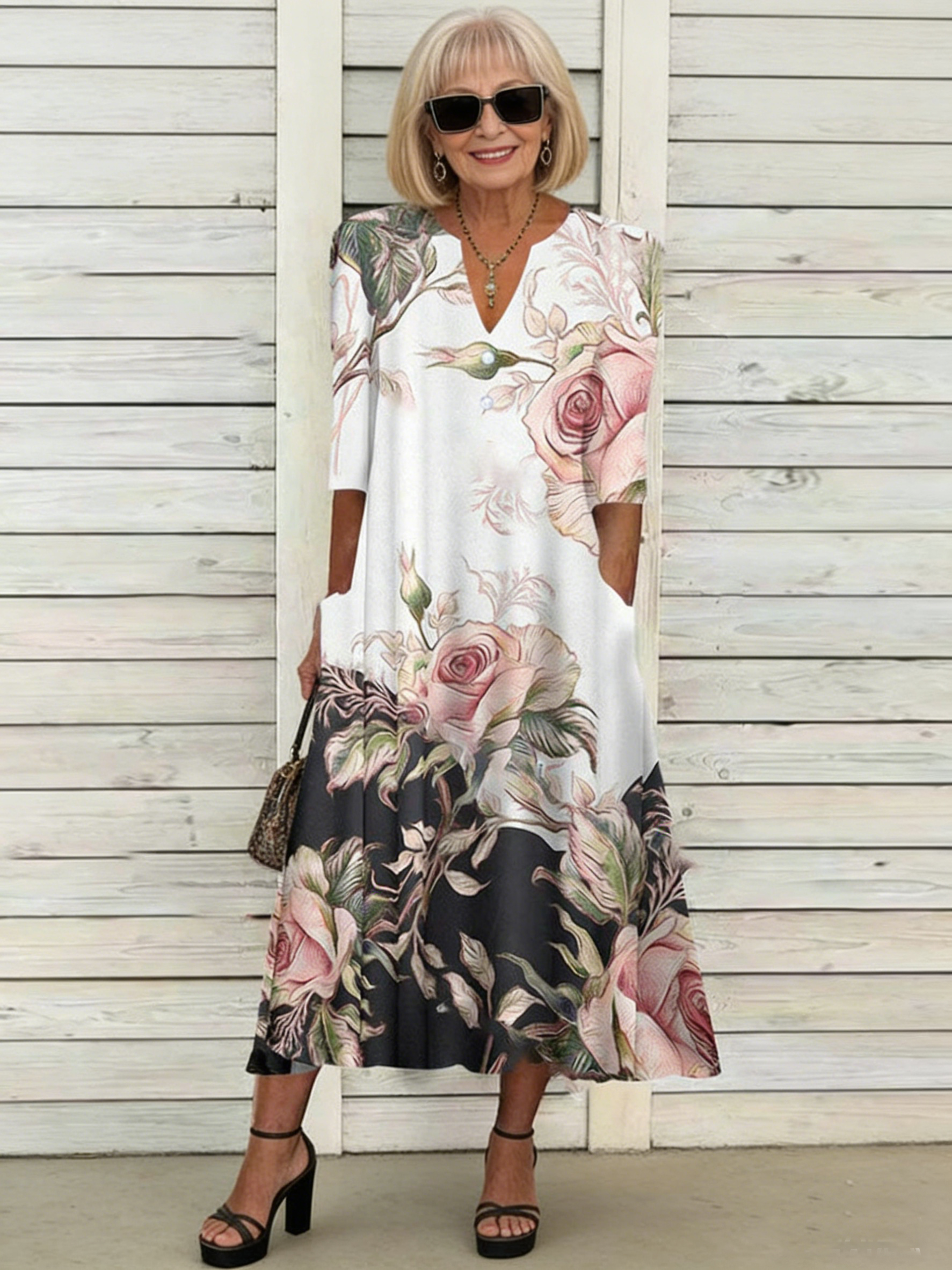 Positioning Printed Button Medium Sleeve Dress
