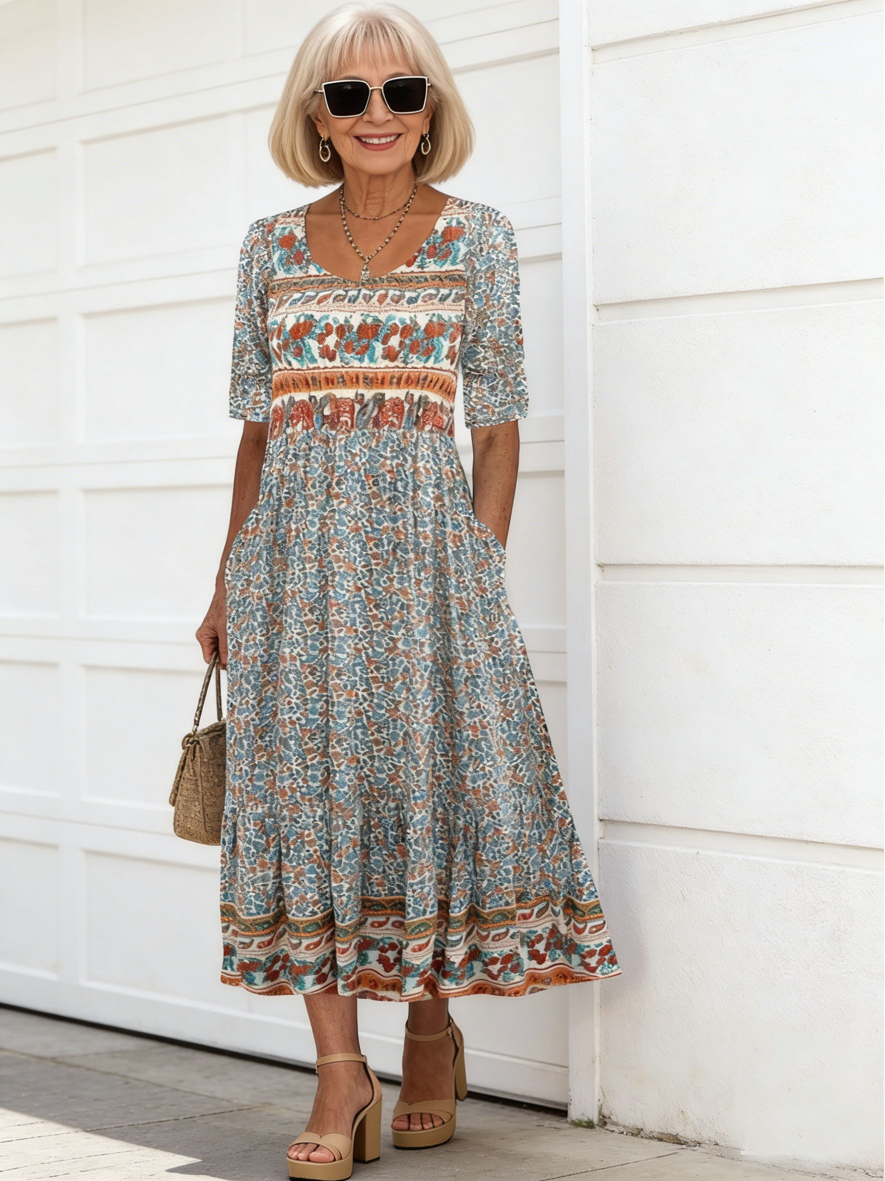 Flower Print Half Sleeve V-Neck Tunic Dress