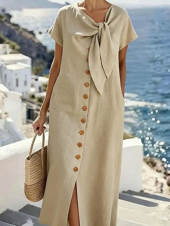 Women'S Casual Solid Color Button-Down Dress With Side Slit