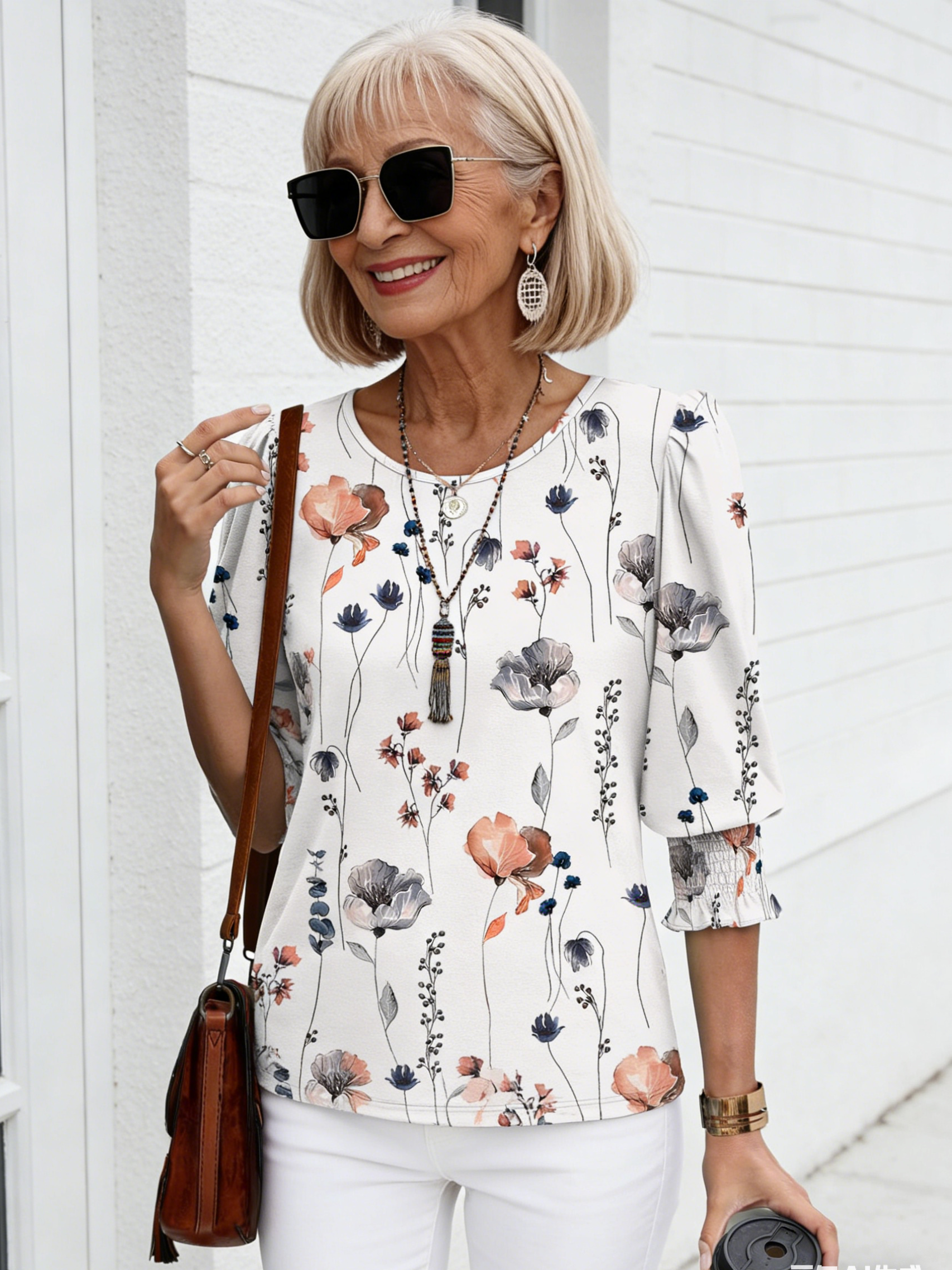 Seven-quarter-sleeved V-neck Printed Loose Casual T-shirt Top