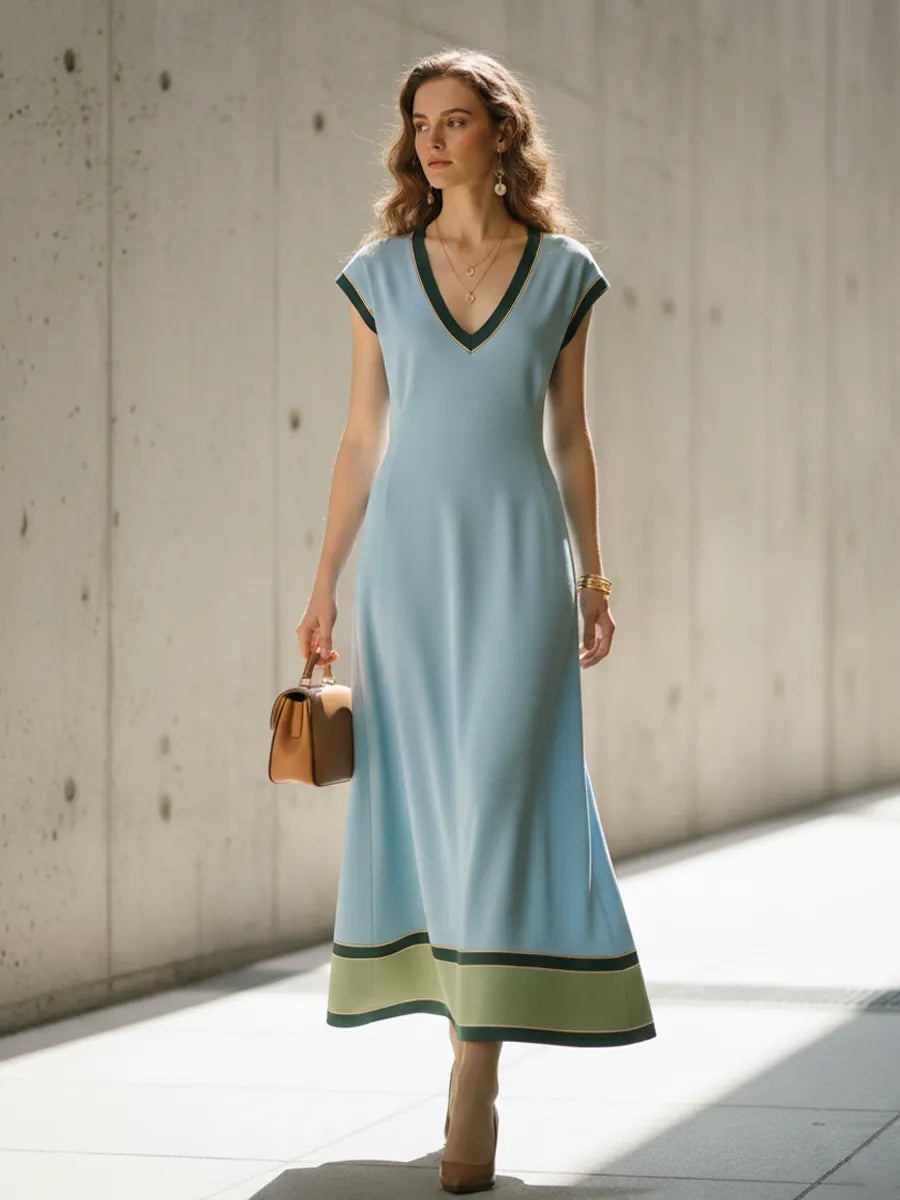 Women's Elegant Light Blue Cotton Blend Color-Blocked V-Neck A-line Long Dress MDZ1687D1GMJ