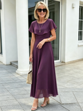 Black Ruffle Cape Sleeve Chiffon Maxi Dress, Round Neck Waist Defined Flowy Big Swing Hem Elegant Formal Dress