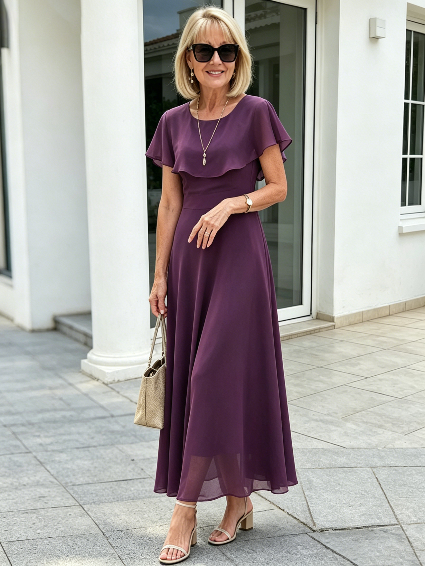 Black Ruffle Cape Sleeve Chiffon Maxi Dress, Round Neck Waist Defined Flowy Big Swing Hem Elegant Formal Dress