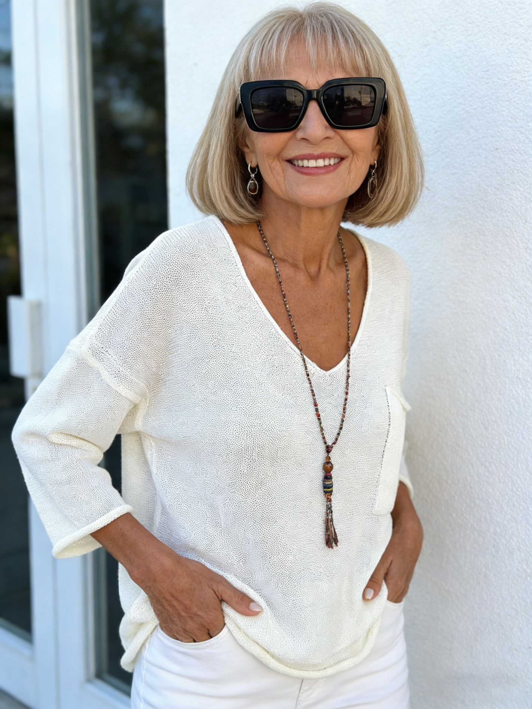 V-Neck Long Sleeve Pocket Casual Knitted Sweater Top
