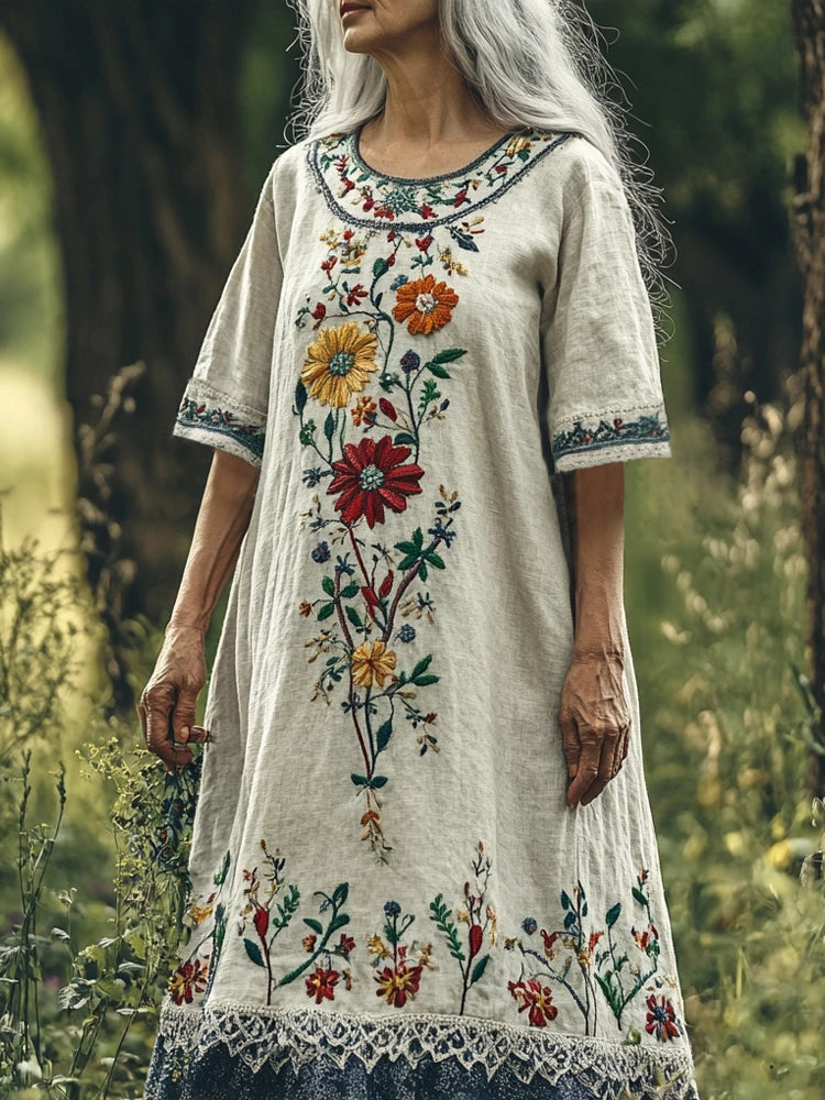 Vintage Floral Embroidery Women's Linen Short Sleeve Maxi Dress