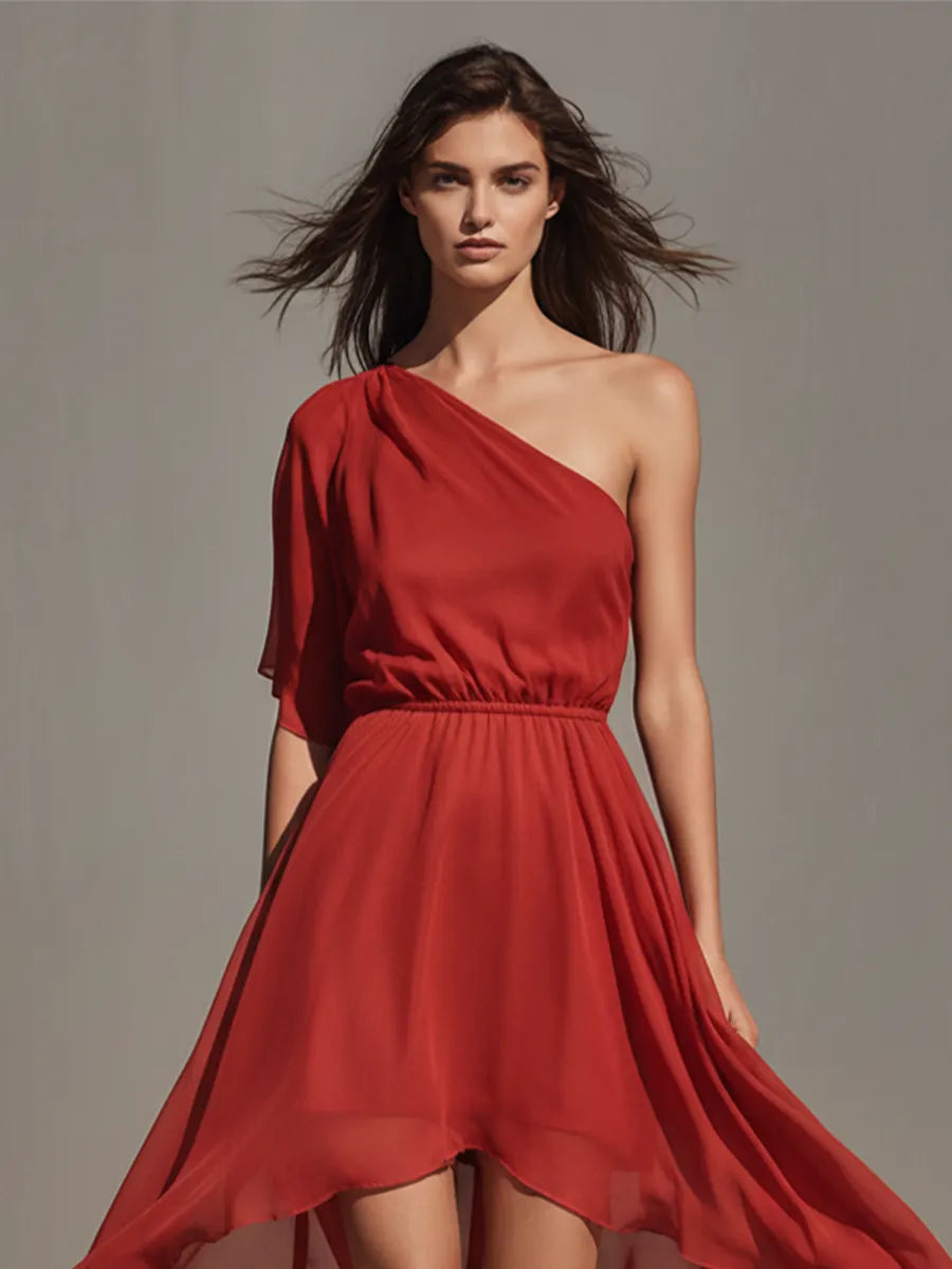 Women's Red Chiffon One-Shoulder Dress With Elastic Waist & High-Low Hem, Timeless Romantic-Chic Party Dress MDZ2339D6LYL