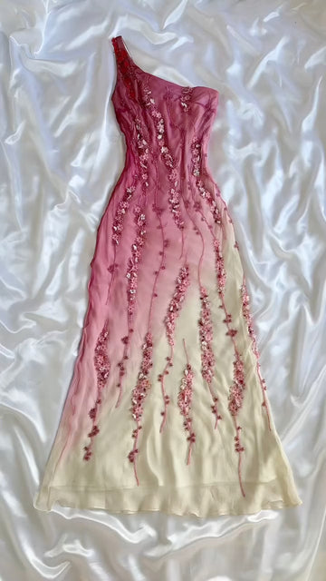 Ombre Floral Applique One Shoulder Long Gown