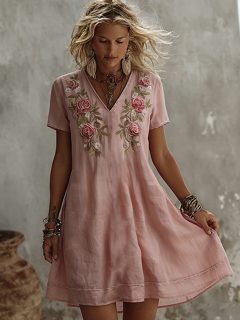Retro Rose Pattern Short Sleeve Mini Dress