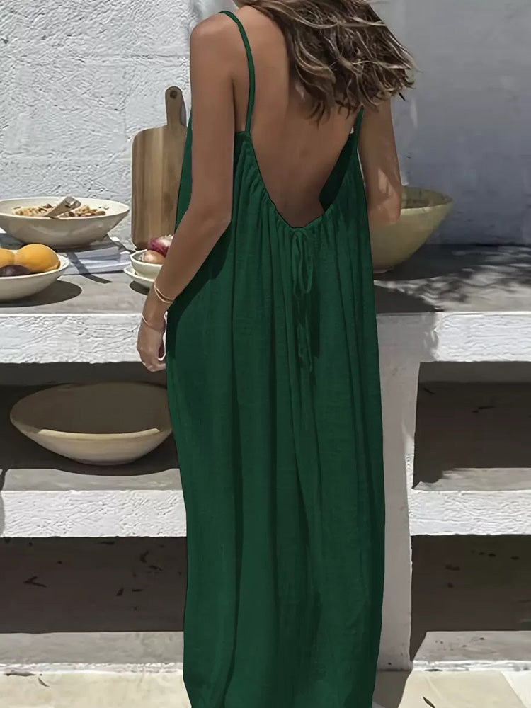 Women's Casual Retro Cotton Linen Solid Color Sundress