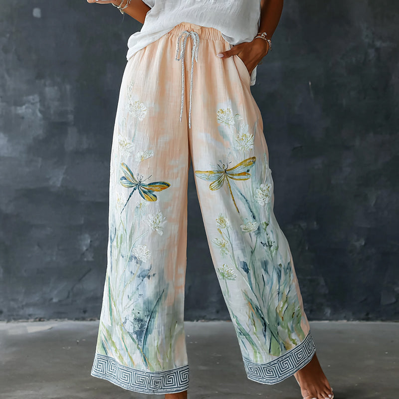 Women's Dragonfly Pattern Art Print Flowy Linen Blend Casual Pants