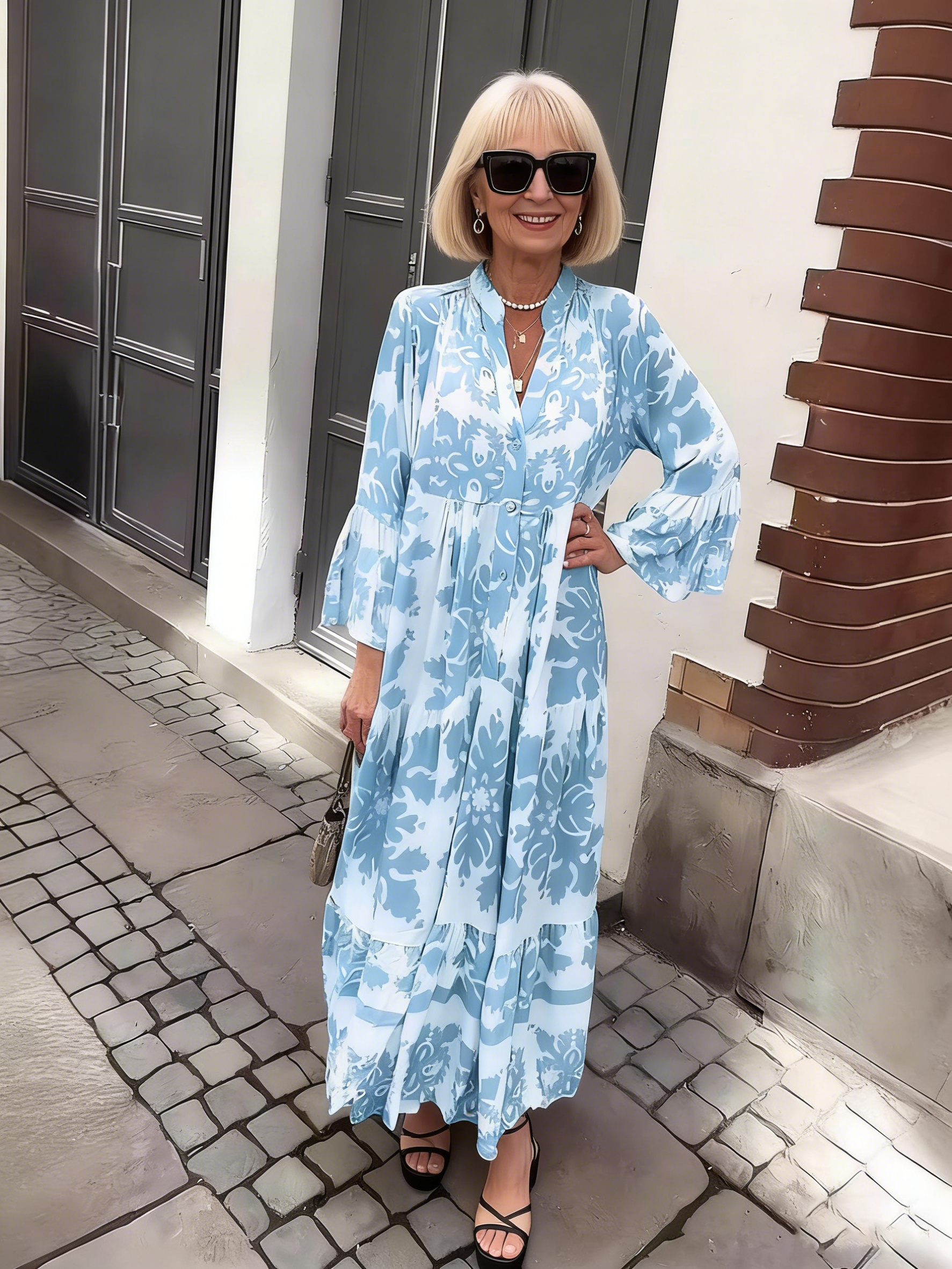 Stand-up Collar Flared Sleeves Printed Casual Dress